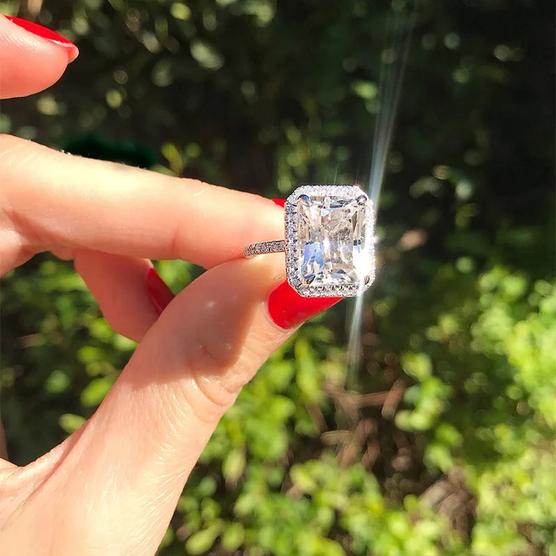 925 Sterling Silver Gorgeous Bridal Wedding Ring Big Stone Crystal Square AAA Cubic Zirconia