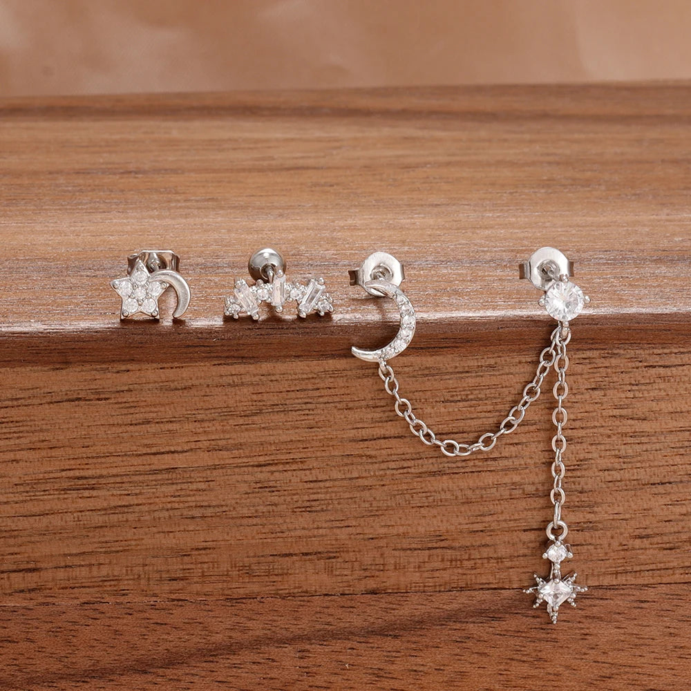 3PCS Stainless Steel Fashion Tassel Chain Stud Piercing Earrings Set
