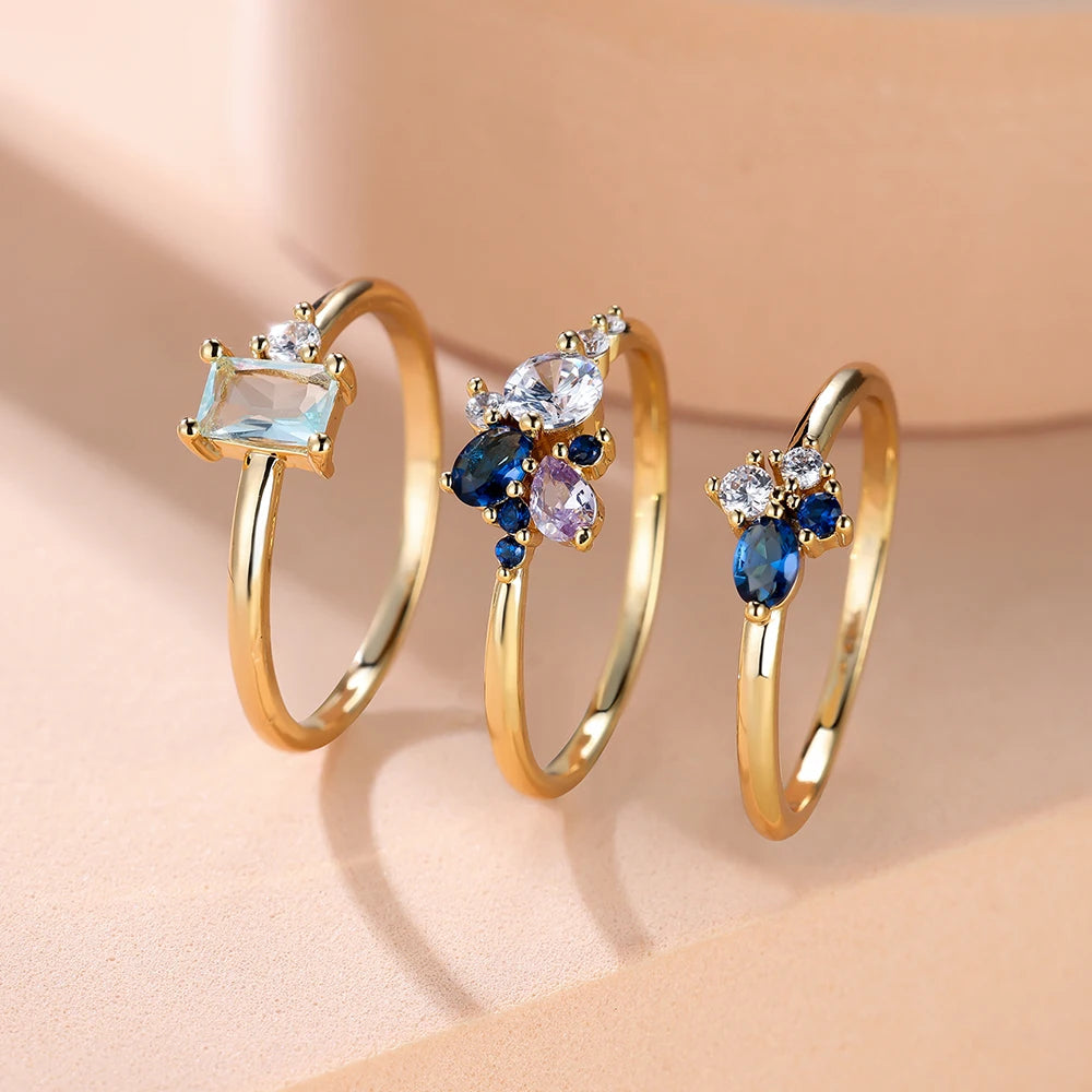 Luxury Royal Blue Purple White Zircon Triple Ring Set Rose Gold Color Stacking Thin Rings For Women Bridal Wedding Bands Jewelry