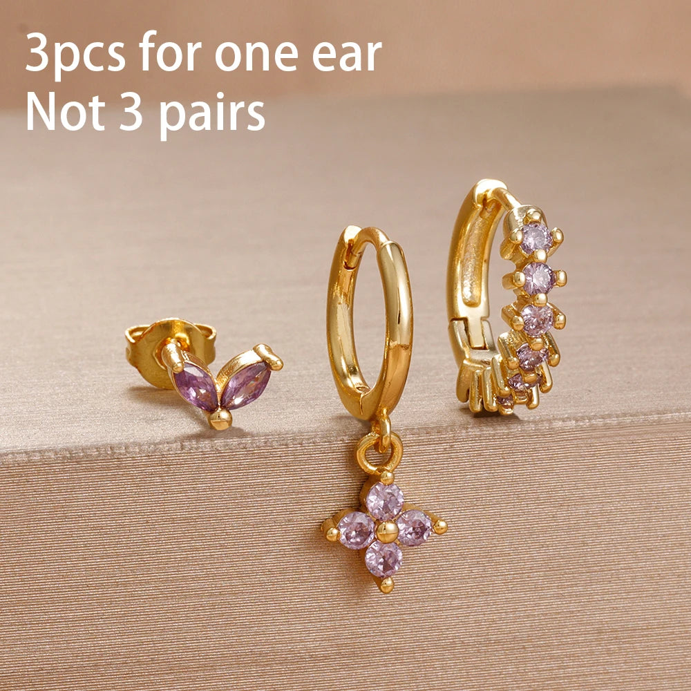 3PCS Purple Zircon Hoop Earrings for Women Stainless Steel Gold Pendant