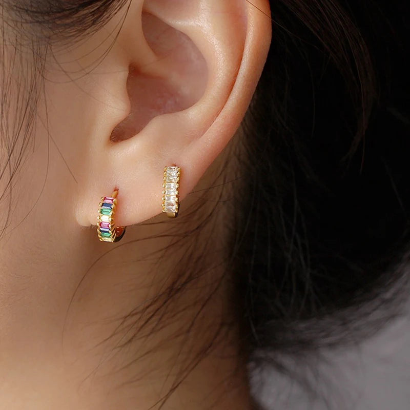 2PCS Stainless Steel Circle Hoop Earrings Colourful Zircon Crystal