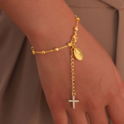 Charm Cubic Zirconia Cross Rosary Bracelet for Women, Stainless Steel  Mary Adjustable Link, Religious Jewelry Gift