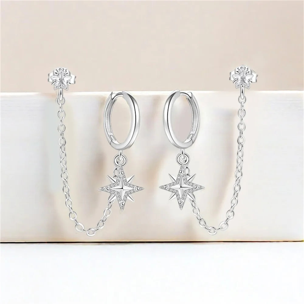 925 Sterling Silver Octagonal Tassel Versatile Hoop Earrings Birthday Gift