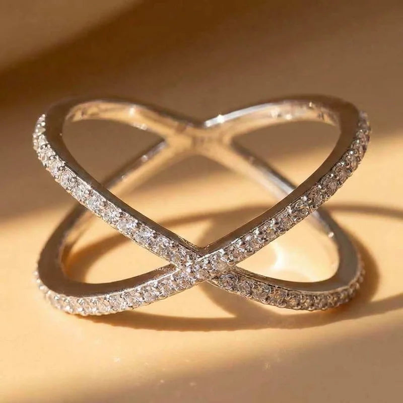 925 Sterling Silver Luxury Cross X Shape Engagement Ring Full Paved CZ Stone Simple Jewellery