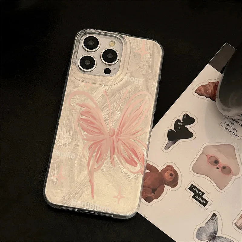 Pink Butterfly Laser Case for iPhone 16 15 14 13 12 11 Pro Max Plus XR XS