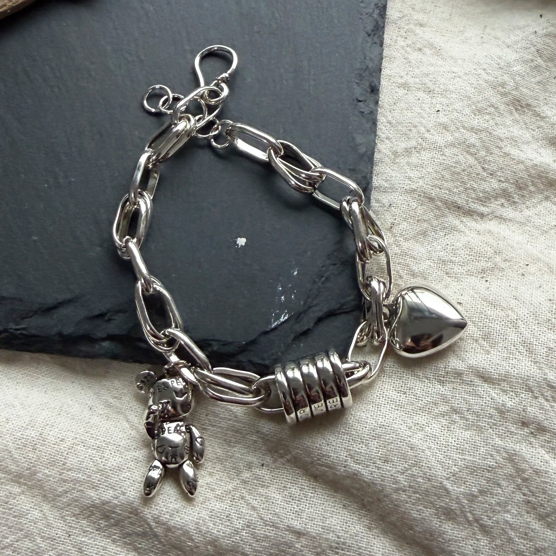 100% Solid 925 Sterling Silver Metal Bracelet for Women Men Vintage Heart Letters Handmade Simple Birthday Gift