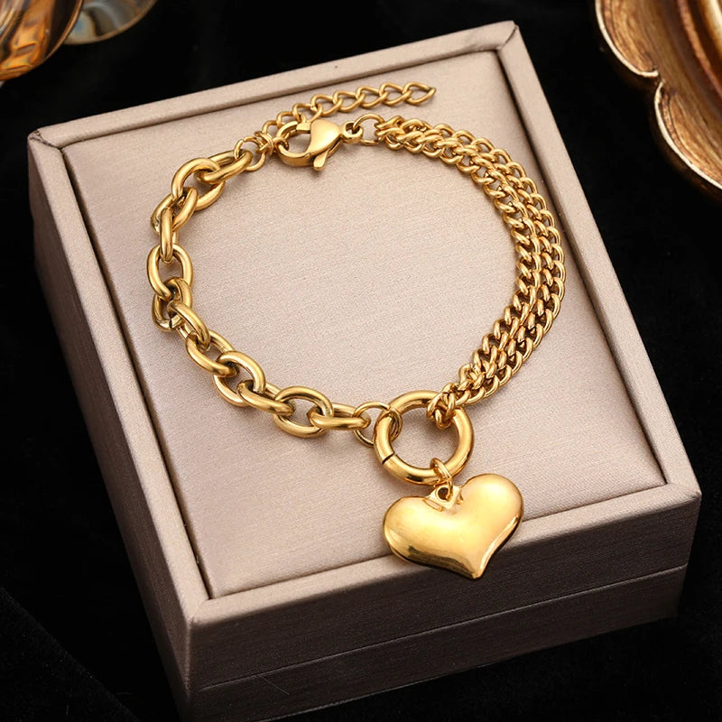 Heart Love Stainless Steel Charm Bracelet 18K Gold Plated Waterproof