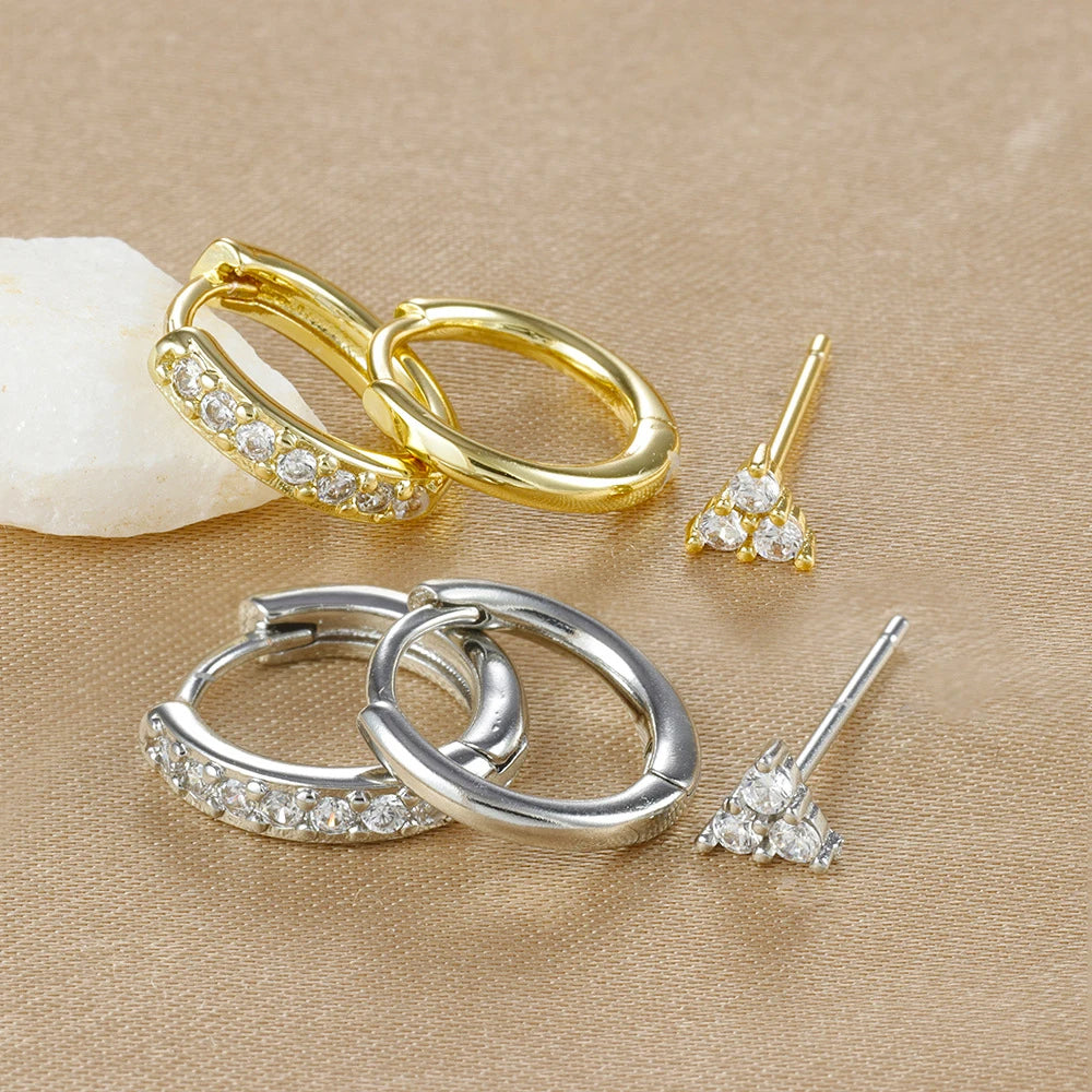 3PCS Stainless Steel CZ Zircon Huggie Hoop Earrings Flower Studs