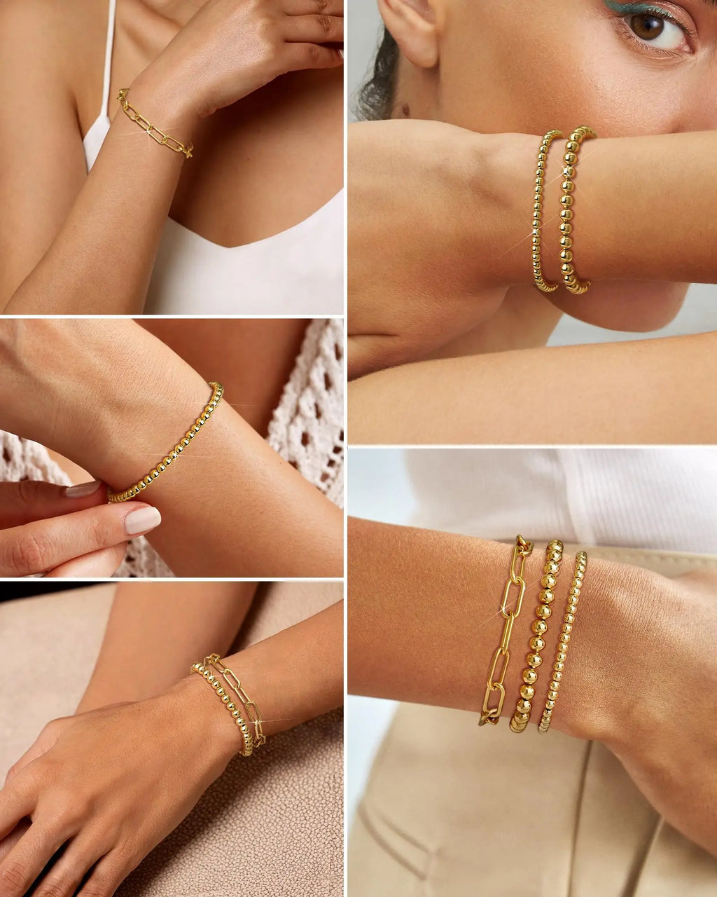 Gold Plated Beaded Braceletfor Women, Stainless Steel Stackable Stretchable Bead Ball Bracelet Hypoallergenic