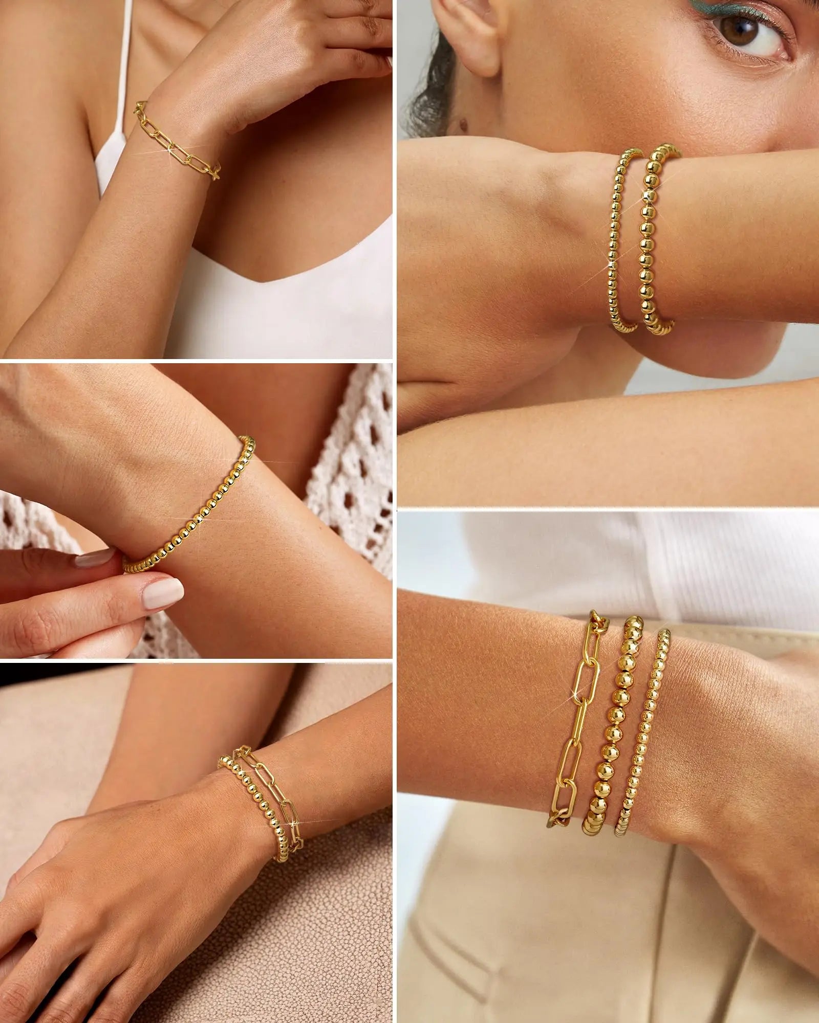Gold Plated Beaded Braceletfor Women, Stainless Steel Stackable Stretchable Bead Ball Bracelet Hypoallergenic