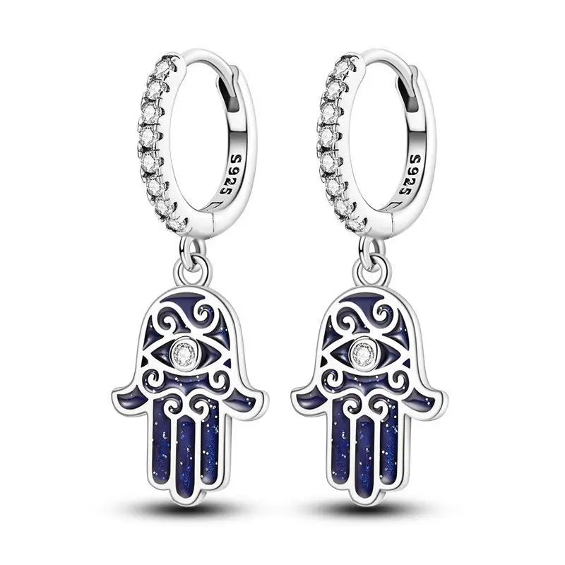 925 Sterling Silver Fatima's Hand Devil's Eye Drop Earrings Trendy Jewellery