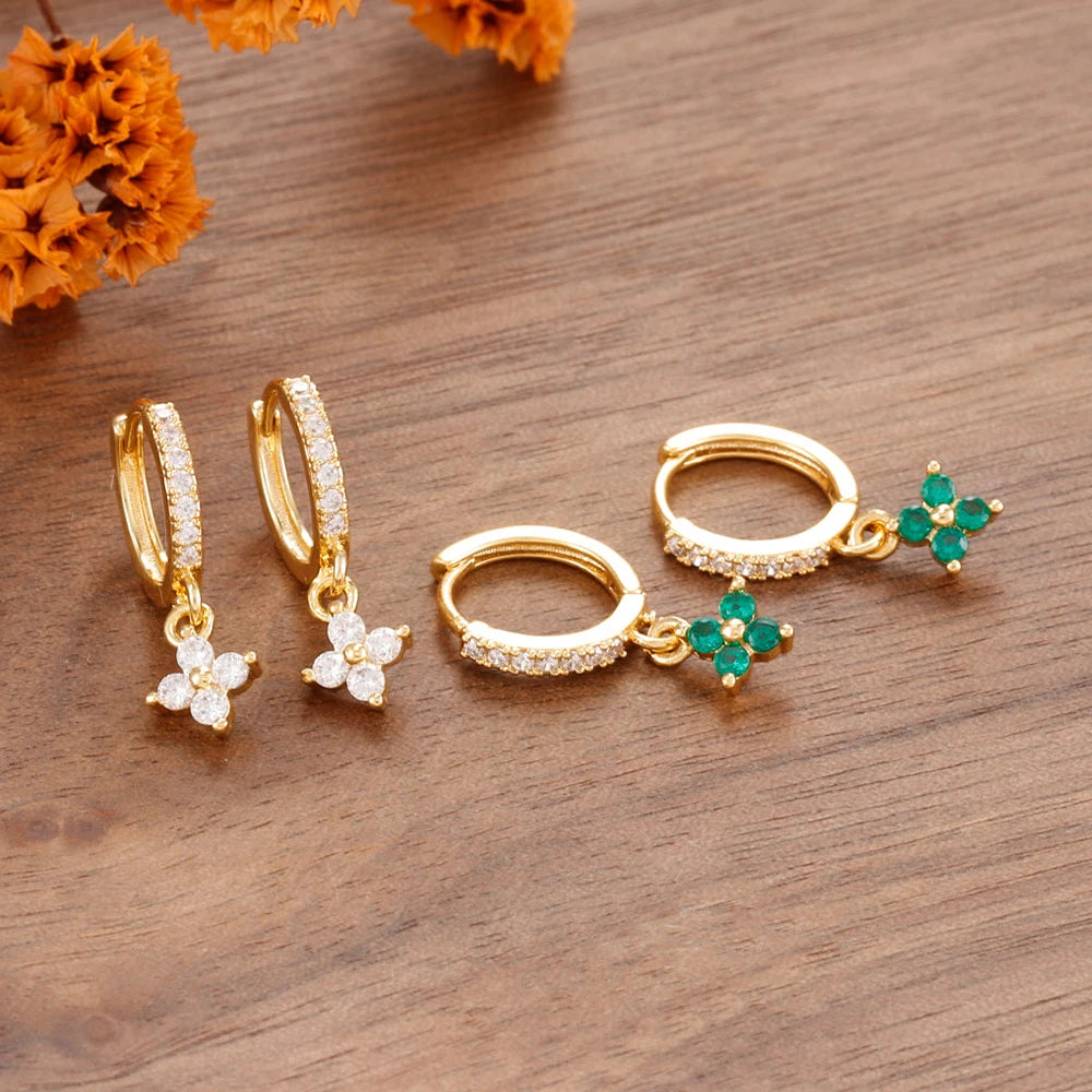 Luxury Stainless Steel Small Dangle Earrings Zirconia Flower Pendant