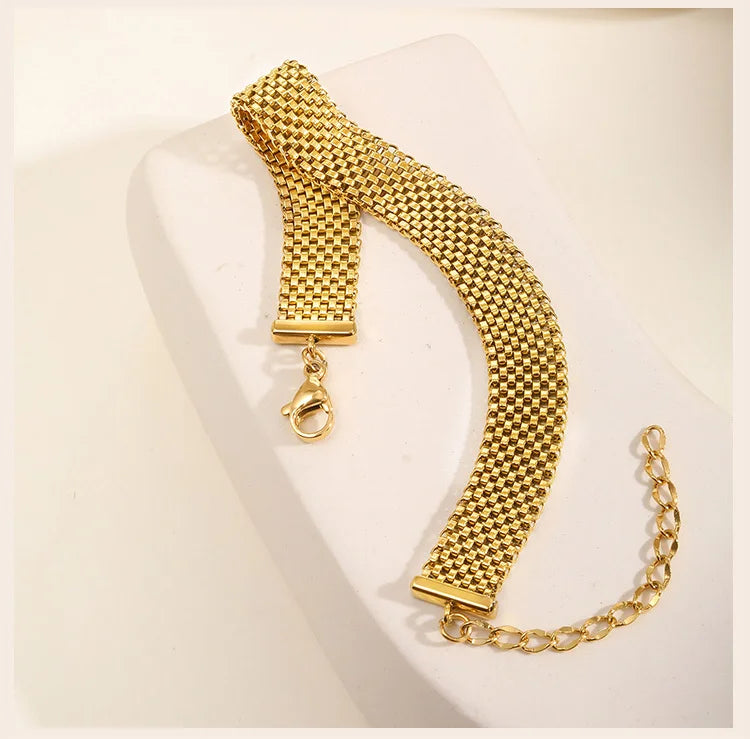 Women's Chunky Link Chain Mesh Bracelet, Stainless Steel Gold Plated Waterproof Jewelry