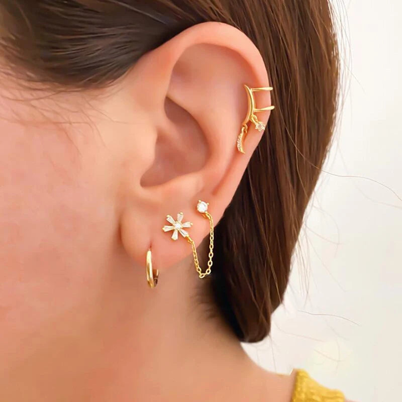 Fashion Stainless Steel Zirconia Chain Small Hoop Earrings Flower Pendant
