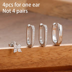 4PCS Simple Zircon U-Shape Hoop Earrings Set Stainless Steel Flower