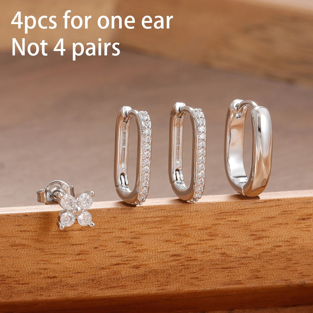 4PCS Simple Zircon U-Shape Hoop Earrings Set Stainless Steel Flower