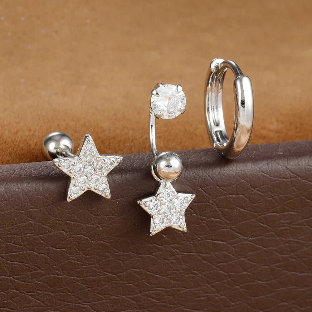 3pcs Stainless Steel Zircon Huggie Hoop Earrings Set Star Moon