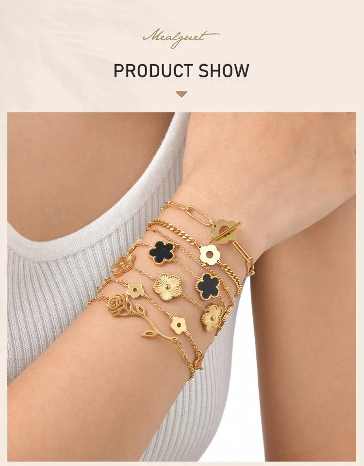 Waterproof Flower Bracelet, Stainless Steel Wrist Chain Bangles  Lucky Jewelry For Women Gift