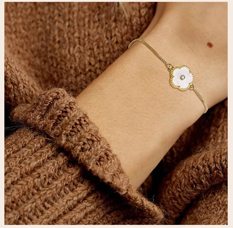 Stainless Steel Leaf Flower Bracelet Adjustable Woman Girl AAA Zirconia Inlay Christmas Gift