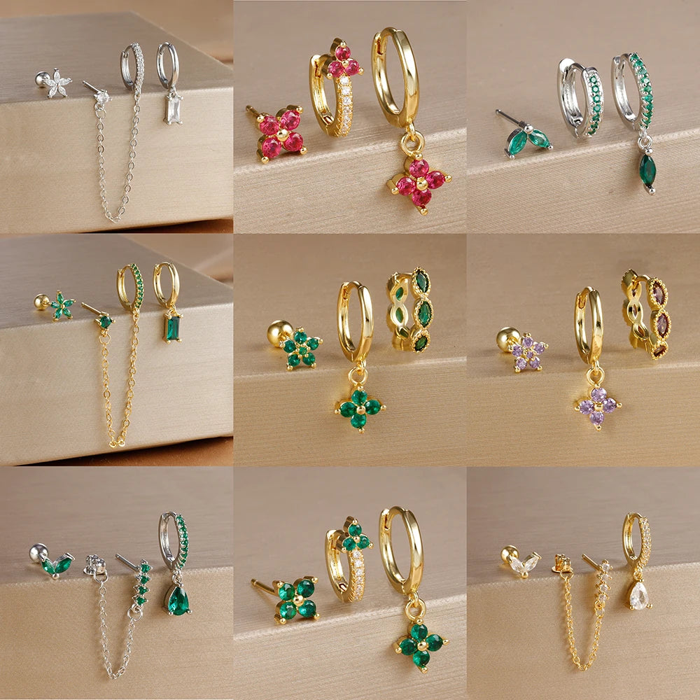 3PCS Gold Colour Chain Flower Drop Earrings Zircon Dangle Earring