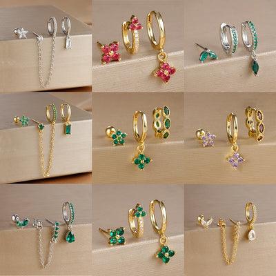 3PCS Gold Colour Chain Flower Drop Earrings Zircon Dangle Earring