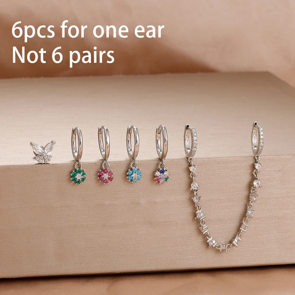 6PCS Exquisite Zircon Geometric Circle Earrings Set Gold Colour Steel