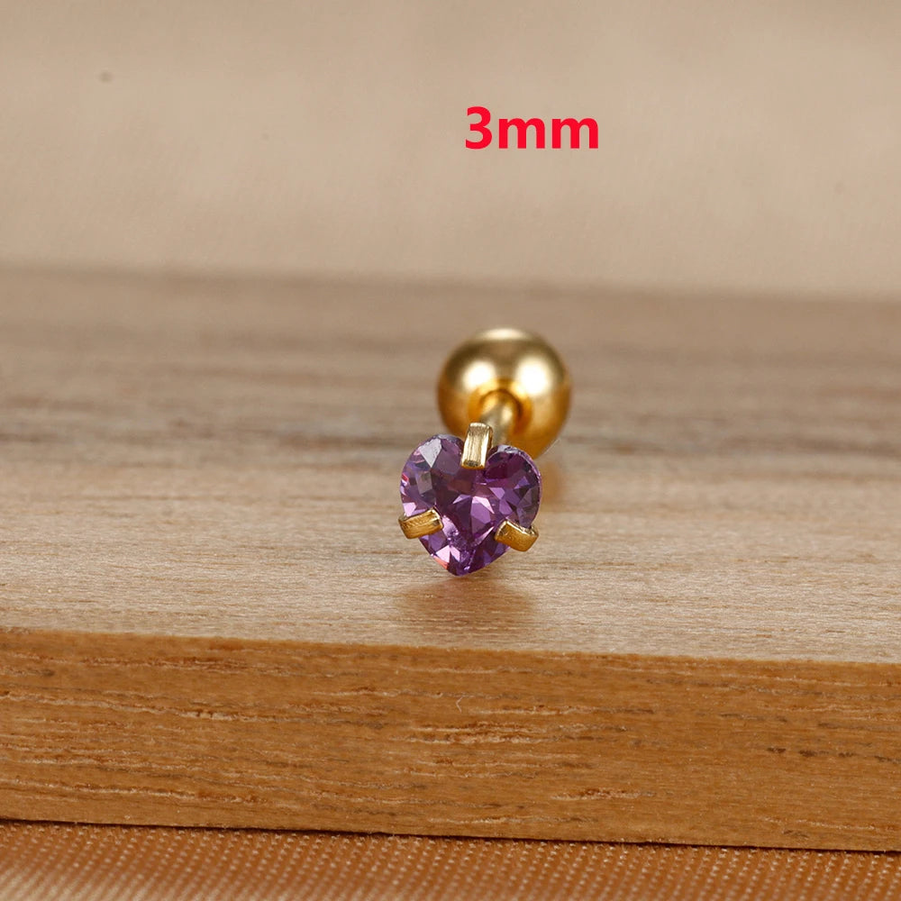 1PC Heart Stainless Steel Ear Studs Purple Crystal Stud 3-8mm