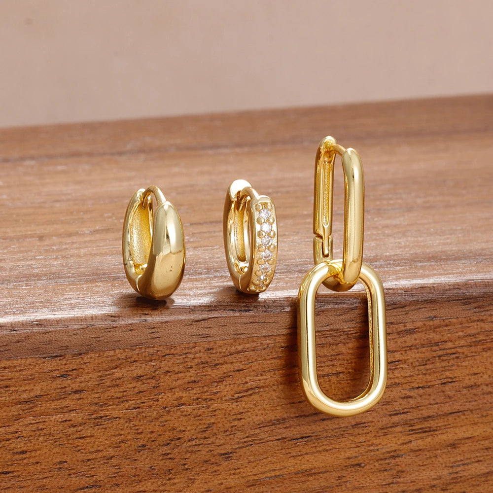 3PCS Stainless Steel Zircon Hoop Earrings Set Gold Colour Piercing