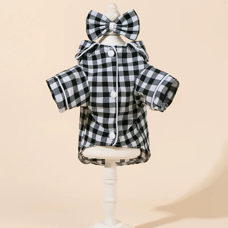 Grid Pattern Cat Dog Pajamas Set Soft Sleepsuit with Flower Headband