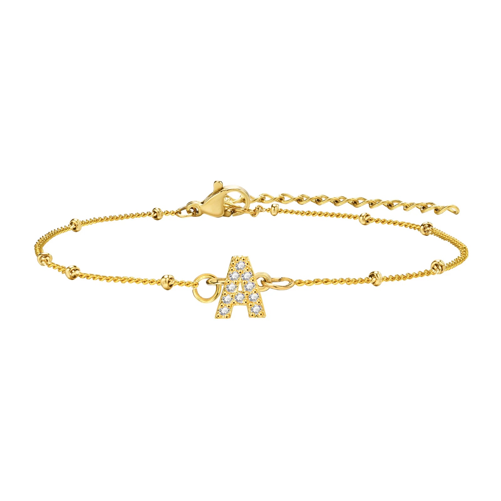 Charms Pave Initial Letter Bracelet, Paperclip Satellite Chain Stainless Steel Gold Plated, Handmade Jewelry for Women