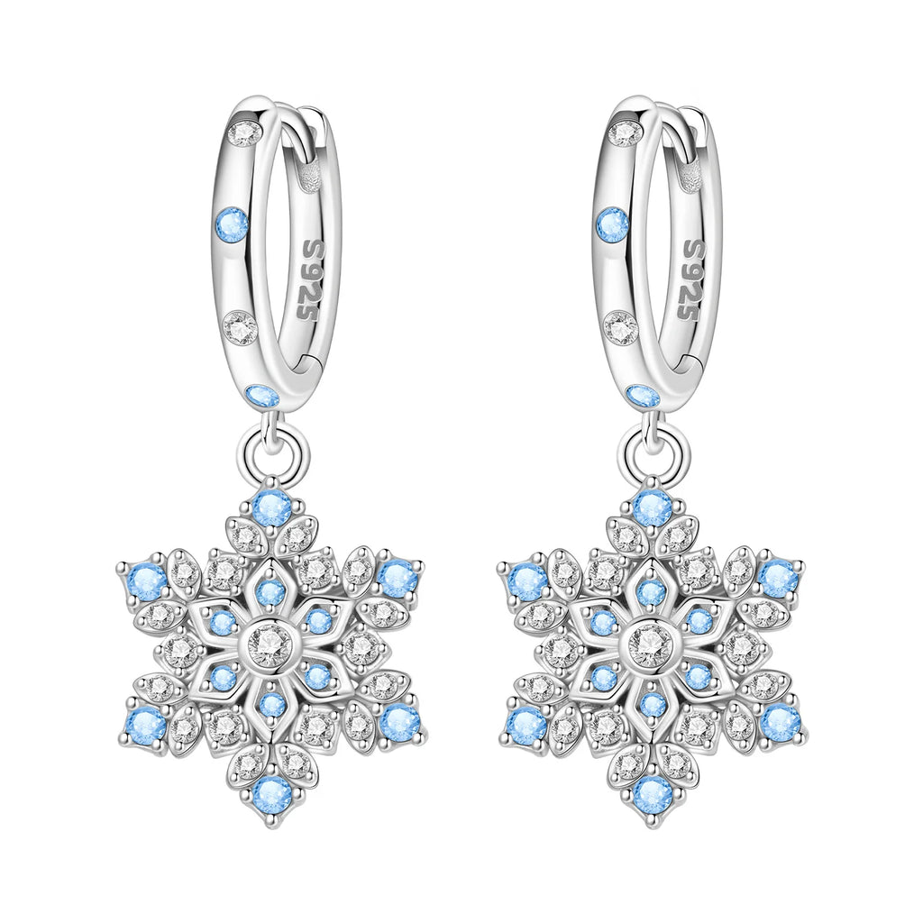 925 Sterling Silver Sparkling Blue Snowflake Drop Earrings Trendy Jewellery
