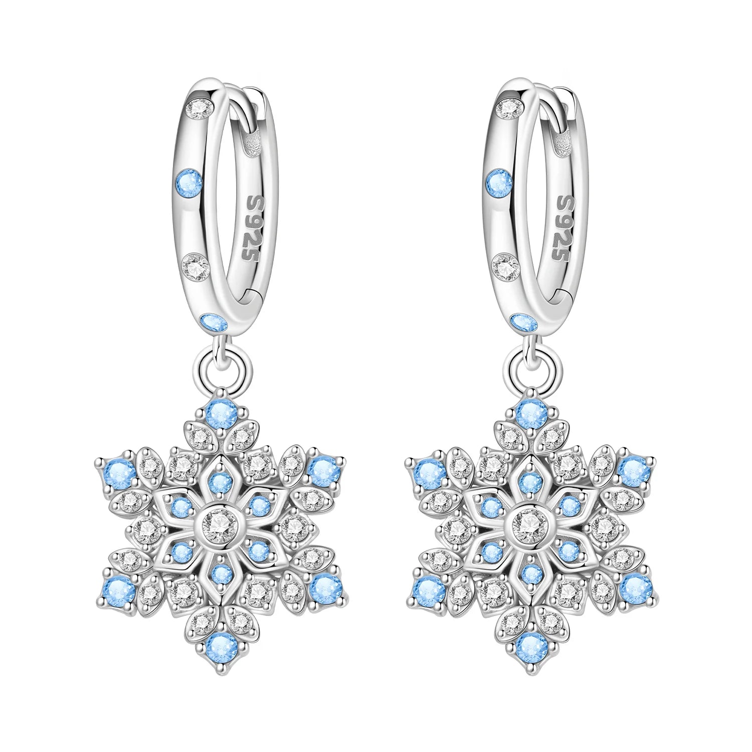 925 Sterling Silver Sparkling Blue Snowflake Drop Earrings Trendy Jewellery