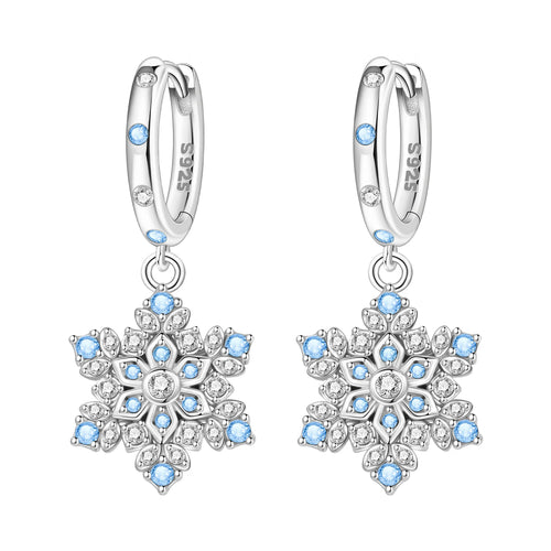 925 Sterling Silver Sparkling Blue Snowflake Drop Earrings Trendy Jewellery