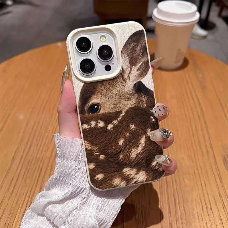 Cute Sika Deer Lychee Case for iPhone 17 16 15 14 13 12 Pro Max