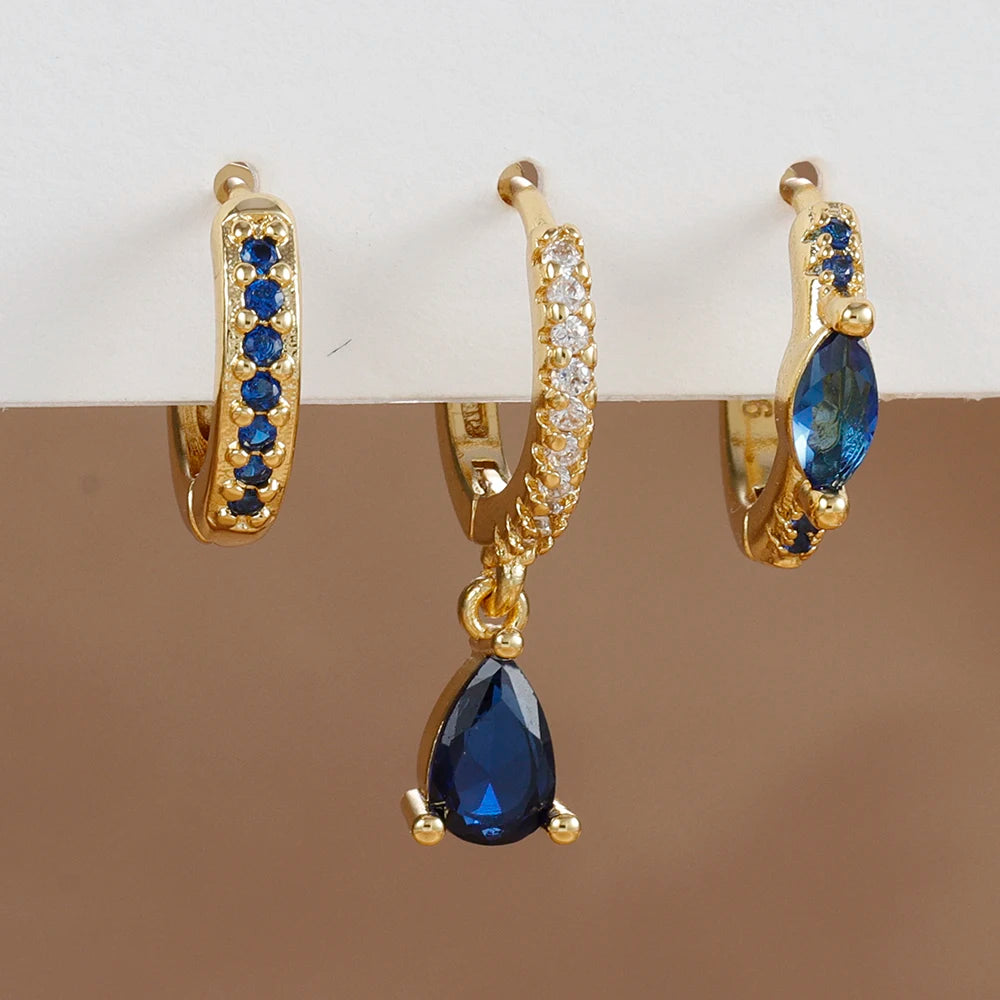 3PCS Cubic Zirconia Water Drop Hanging Earrings Round Dangle Set