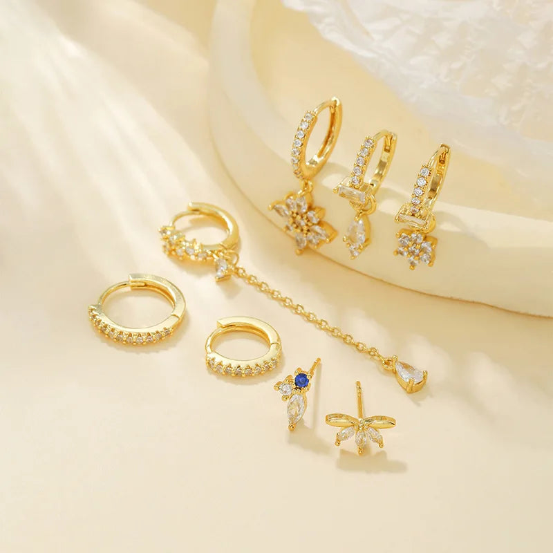 New Stainless Steel Water Drop Hoop Earrings Cubic Zirconia Flowers