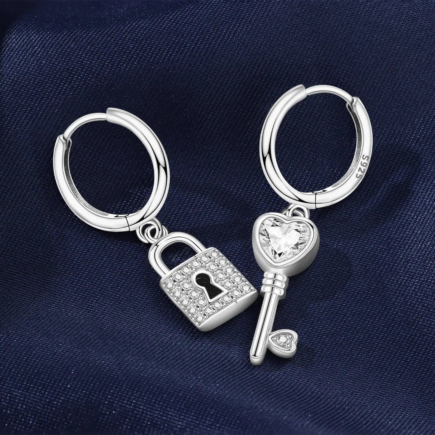 925 Sterling Silver Asymmetric Key Lock Drop Earrings Trendy Jewellery Gift