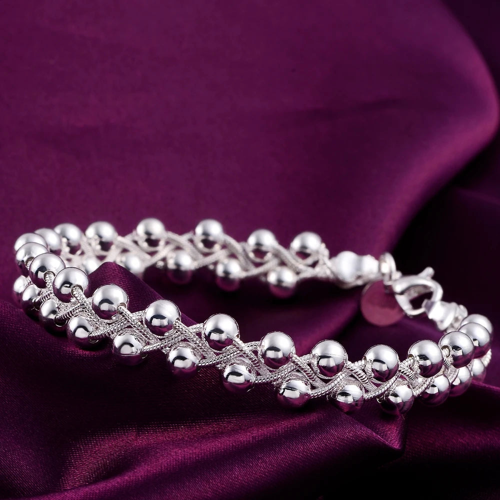 Braided Beads Chain Bracelet 925 Sterling Silver Women Christmas Gift