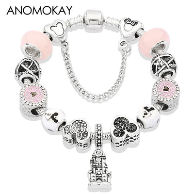 Antique Silver Castle Heart Minnie Mickey Charm Bracelet Pink Crystal Gift