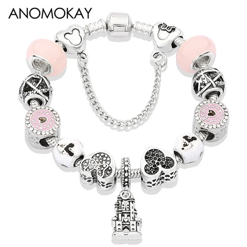Antique Silver Castle Heart Minnie Mickey Charm Bracelet Pink Crystal Gift