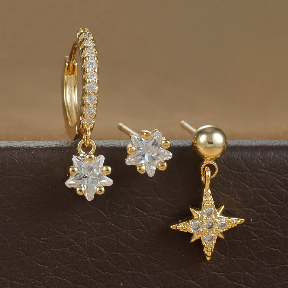 3PCS Gold Colour Star Earrings Set Zircon Pendant Stainless Steel