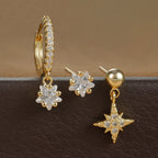 3PCS Gold Colour Star Earrings Set Zircon Pendant Stainless Steel