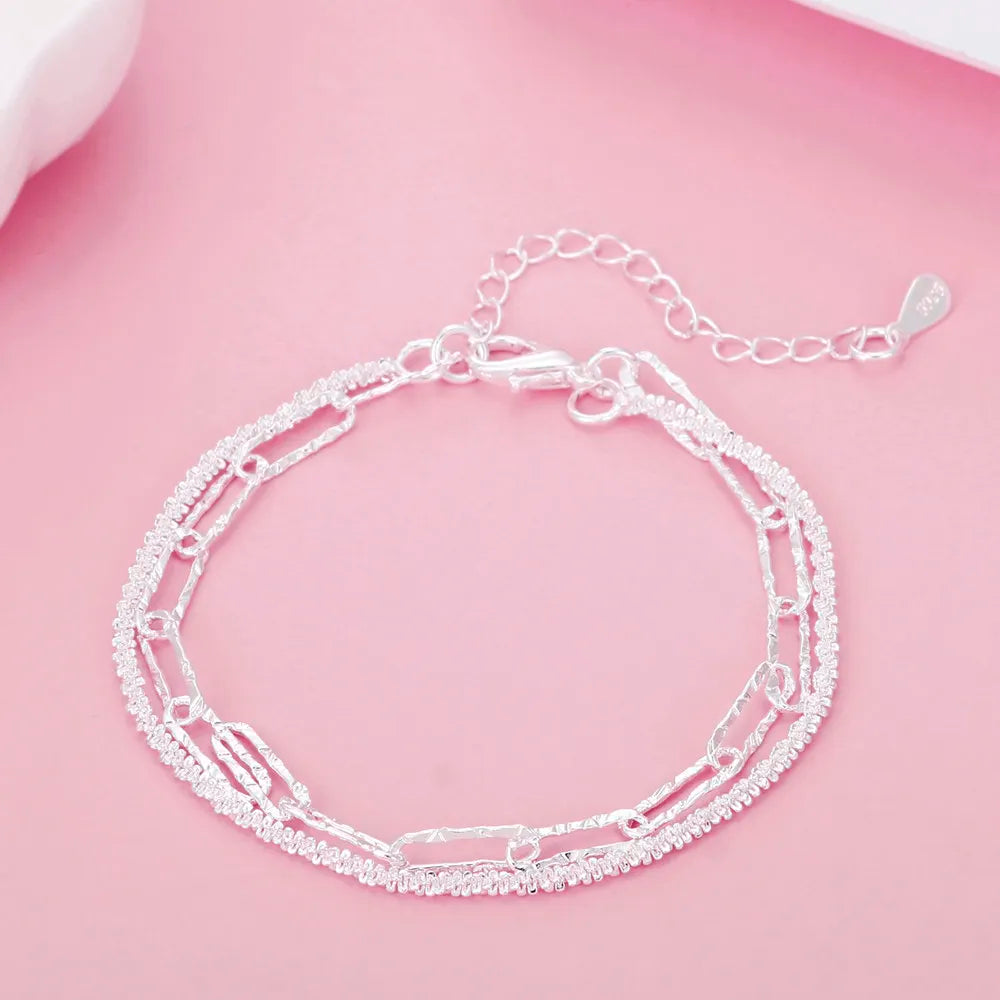 Square Solid Chain Bracelet 925 Sterling Silver Men Women Party Fashion Gift