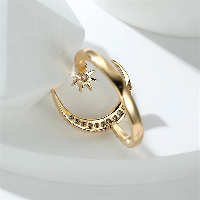 Minimalist Female Stacking Boho Star Moon Rings For Women Silver Rose Gold Color White Crystal Open Size Ring Wedding Bands Gift