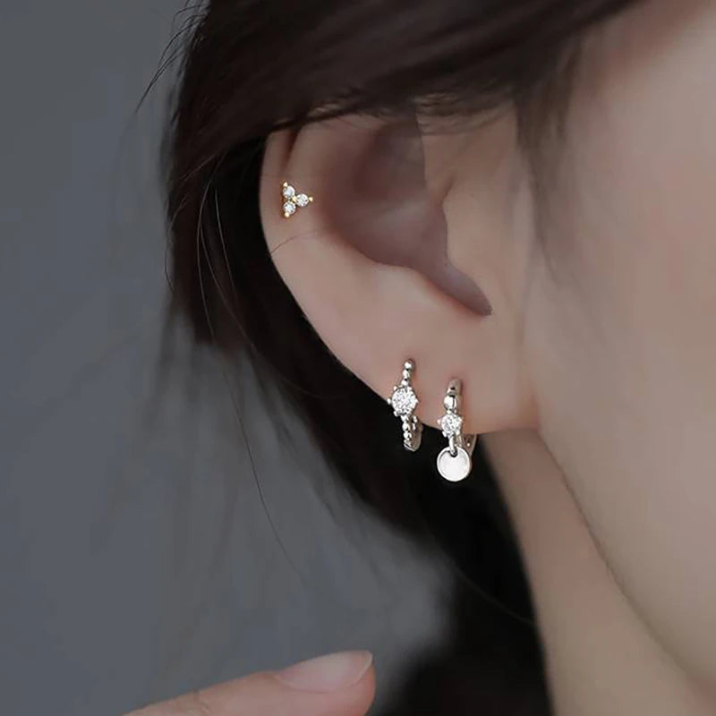 2023 Simple Crystal Zircon Small Hoop Earrings Disc Pendant Piercing