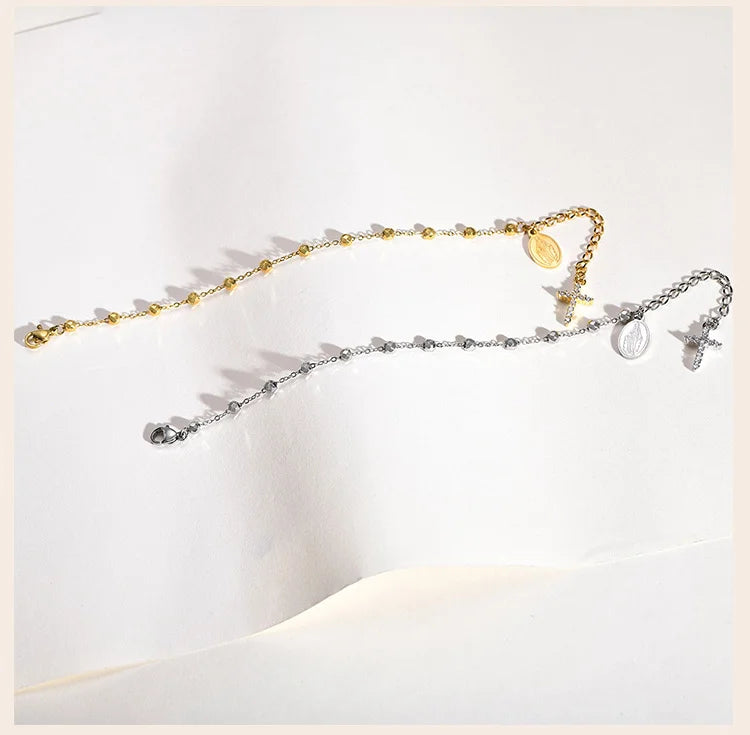 Charm Cubic Zirconia Cross Rosary Bracelet for Women, Stainless Steel  Mary Adjustable Link, Religious Jewelry Gift