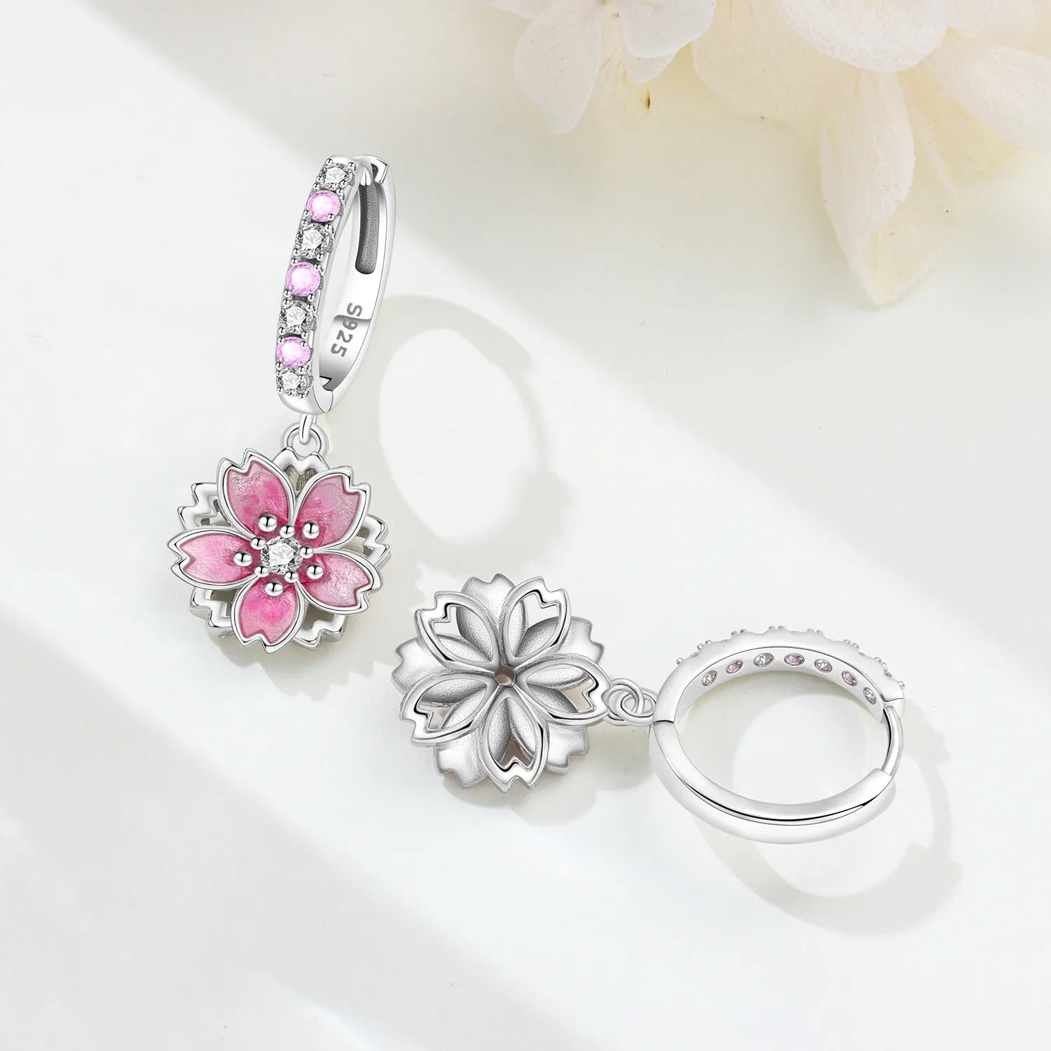 925 Sterling Silver Pink Cherry Blossom Flower Drop Earrings Jewellery Gift