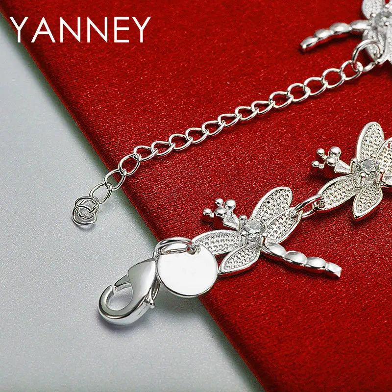 925 Sterling Silver 8-inch Dragonfly Bracelet Women Wedding Party Jewellery