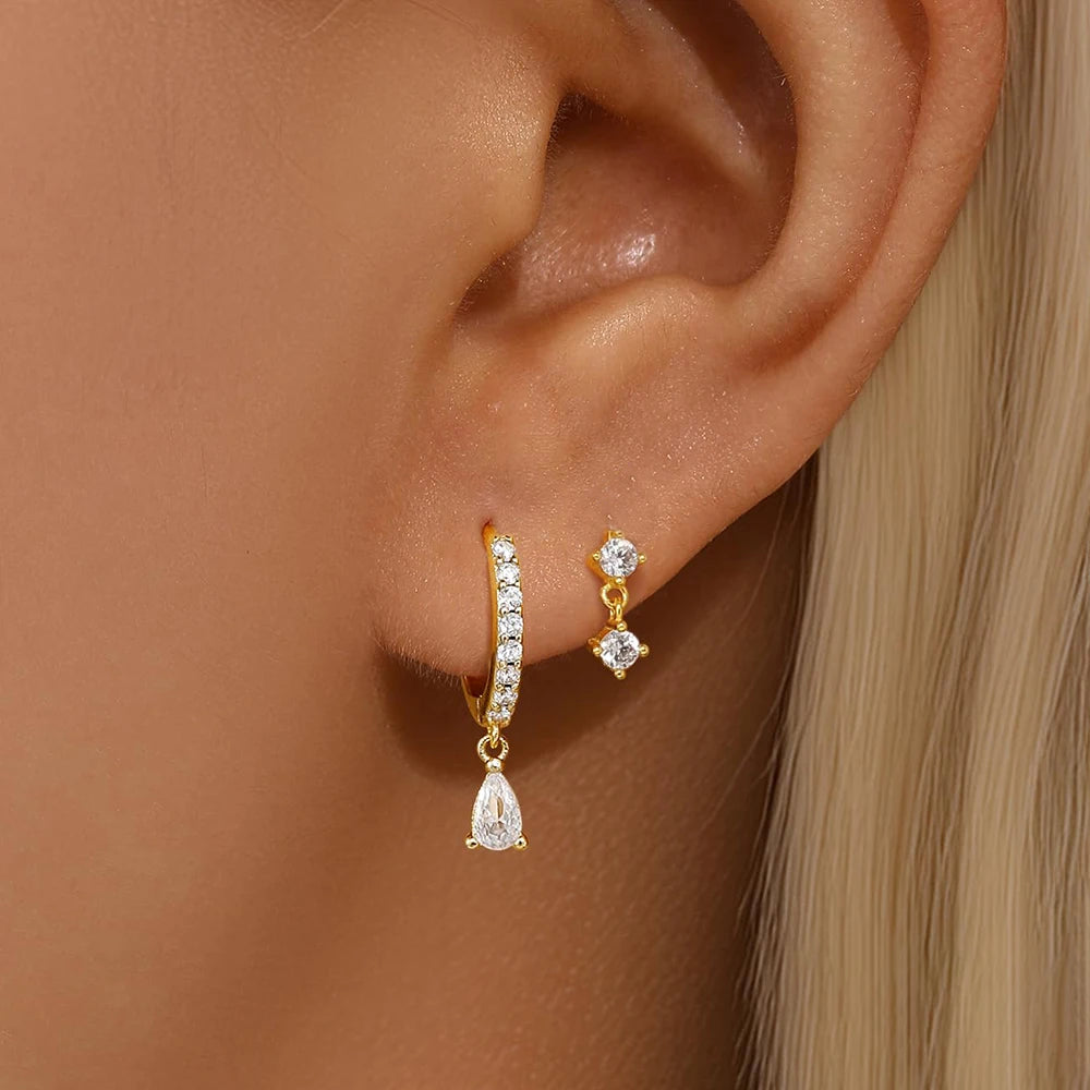 3PCS Stainless Steel Rhombus Pendant Hoop Earrings 18K Gold Plated