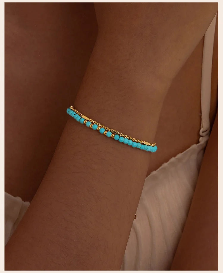 Turquoise Bracelet for Women, Double Chain Round Beaded Bracelet, Tarnish Free Gold Plated Jewelry Gift